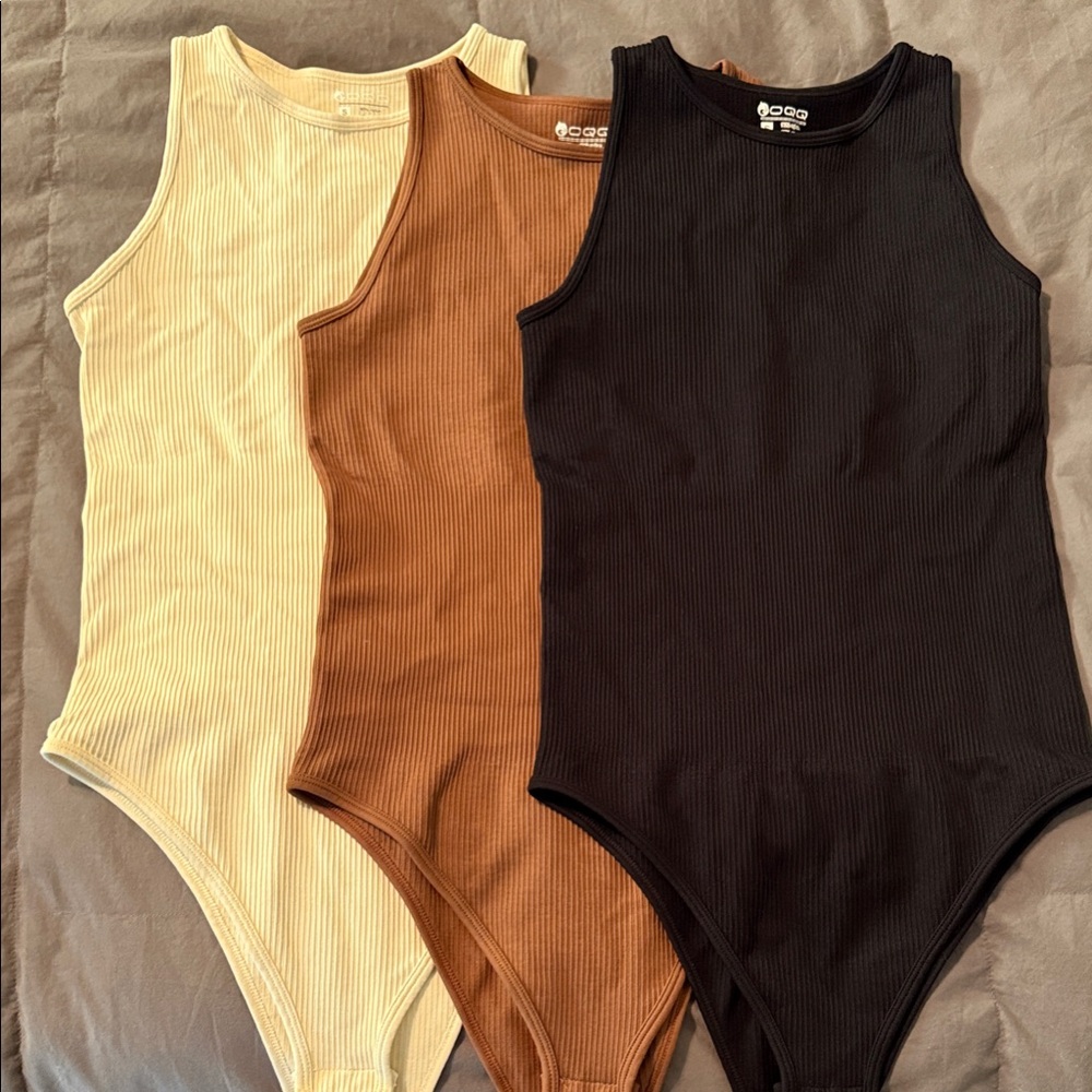 Stylish Ribbed Bodysuit Trio - Cream, Brown, Black